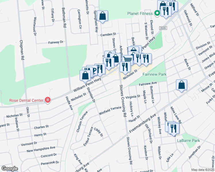 map of restaurants, bars, coffee shops, grocery stores, and more near 4040 William Penn Highway in Easton