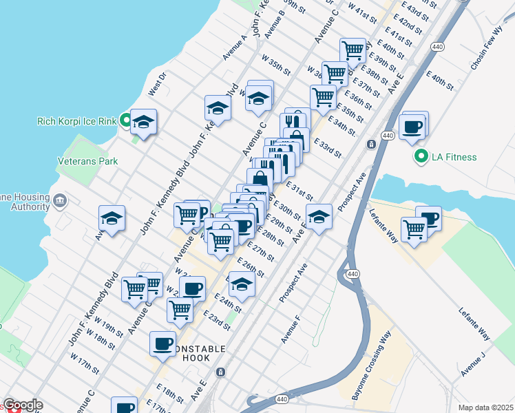 map of restaurants, bars, coffee shops, grocery stores, and more near 24 West 30th Street in Bayonne