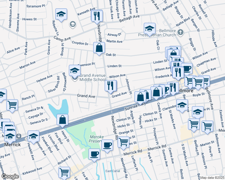 map of restaurants, bars, coffee shops, grocery stores, and more near 210 Marlboro Pl in Bellmore
