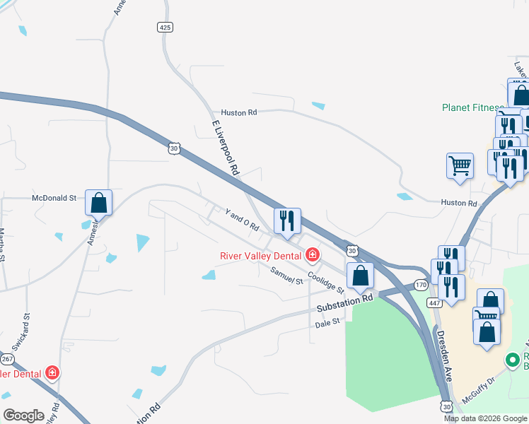 map of restaurants, bars, coffee shops, grocery stores, and more near 15956 Hamilton Street in East Liverpool