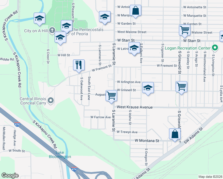 map of restaurants, bars, coffee shops, grocery stores, and more near 1715 S Laramie St in Peoria