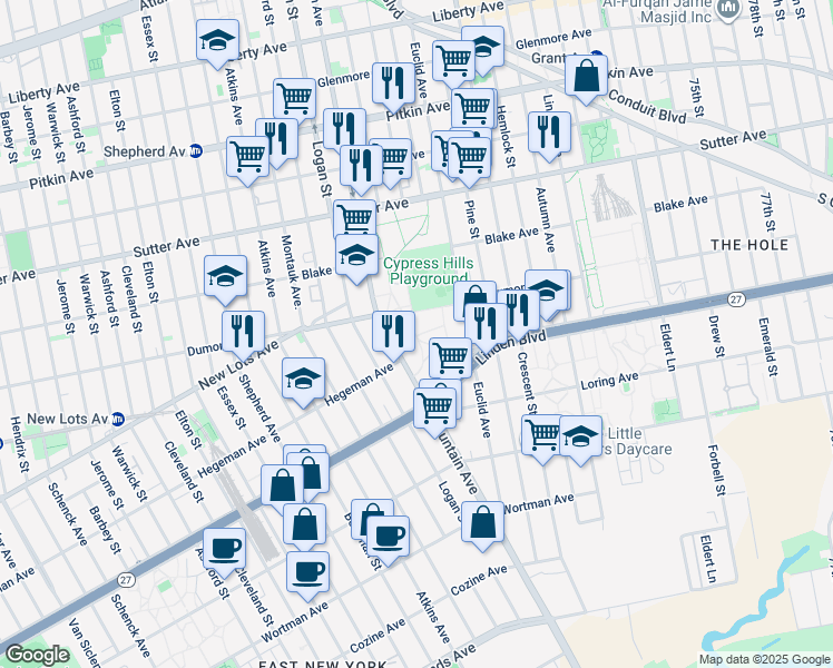 map of restaurants, bars, coffee shops, grocery stores, and more near 600 Euclid Avenue in Brooklyn