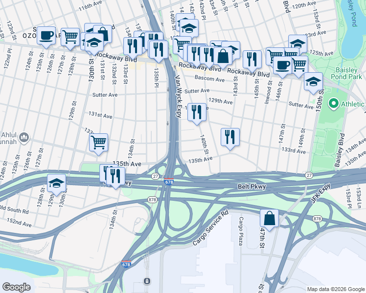 map of restaurants, bars, coffee shops, grocery stores, and more near 133-09 Van Wyck Expressway in Queens