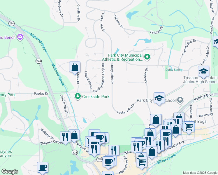map of restaurants, bars, coffee shops, grocery stores, and more near 2419 Lucky John Drive in Park City