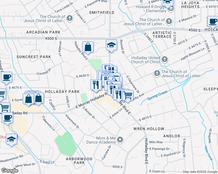 map of restaurants, bars, coffee shops, grocery stores, and more near 2276 Lincoln Lane in Holladay
