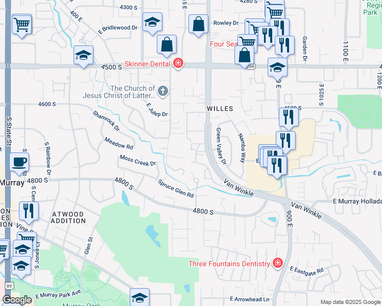 map of restaurants, bars, coffee shops, grocery stores, and more near 4700 South 700 East in Murray