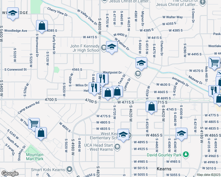 map of restaurants, bars, coffee shops, grocery stores, and more near 4621 West Arlington Park Drive in West Valley City