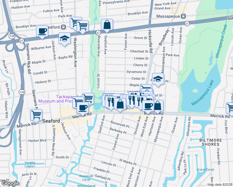 map of restaurants, bars, coffee shops, grocery stores, and more near 24 Maple Street in Massapequa