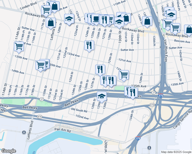 map of restaurants, bars, coffee shops, grocery stores, and more near 133-41 127th Street in Queens