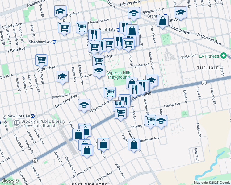 map of restaurants, bars, coffee shops, grocery stores, and more near 700 Euclid Avenue in Brooklyn