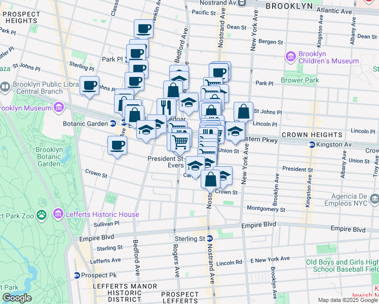 map of restaurants, bars, coffee shops, grocery stores, and more near 464 Eastern Parkway in Brooklyn
