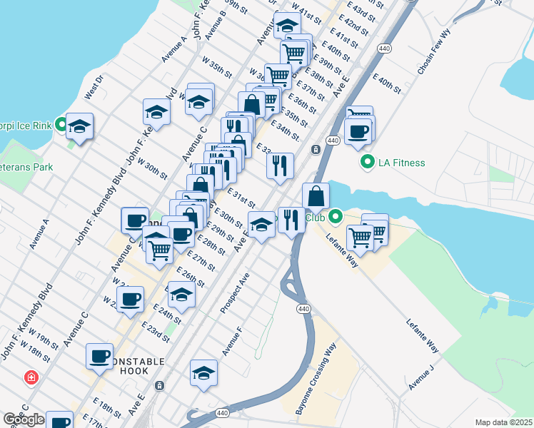 map of restaurants, bars, coffee shops, grocery stores, and more near 461 Avenue E in Bayonne