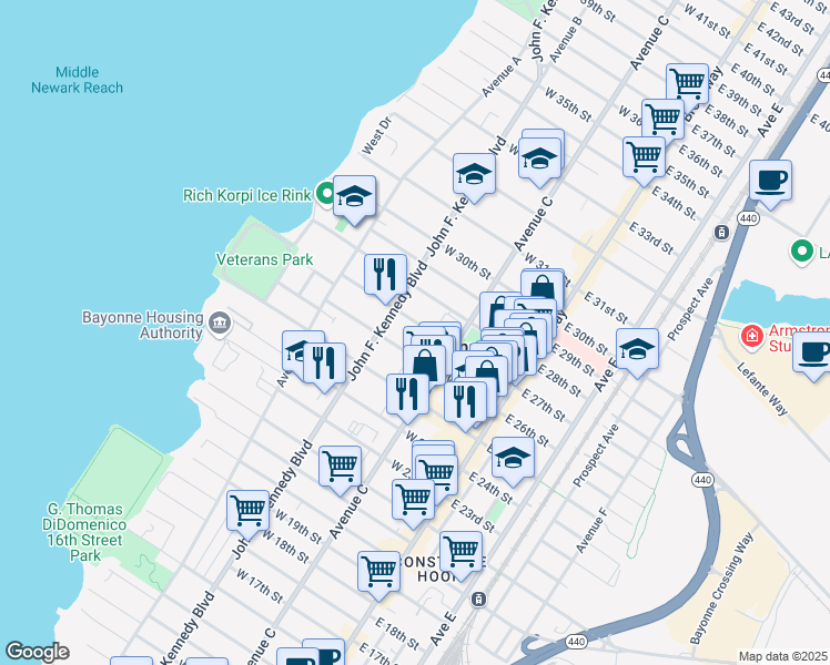 map of restaurants, bars, coffee shops, grocery stores, and more near 97 West 27th Street in Bayonne