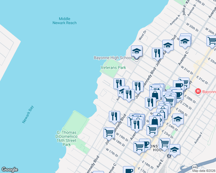 map of restaurants, bars, coffee shops, grocery stores, and more near 194 West 25th Street in Bayonne