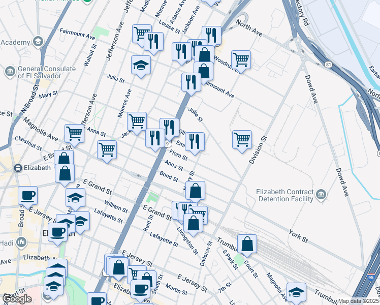 map of restaurants, bars, coffee shops, grocery stores, and more near 922-924 Olive Street in Elizabeth