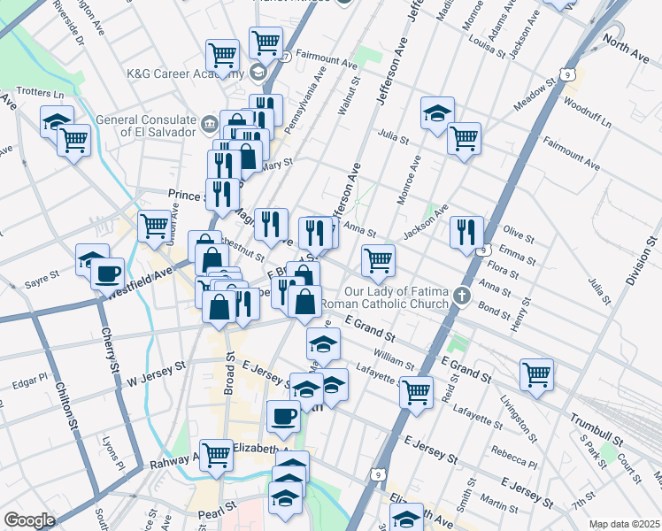 map of restaurants, bars, coffee shops, grocery stores, and more near 415 Jefferson Avenue in Elizabeth