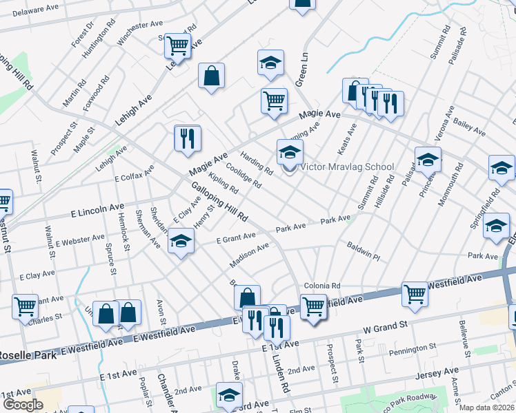 map of restaurants, bars, coffee shops, grocery stores, and more near 1052 Coolidge Road in Elizabeth