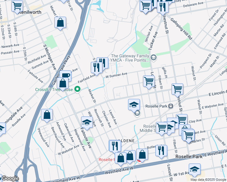 map of restaurants, bars, coffee shops, grocery stores, and more near 22B West Roselle Avenue in Roselle Park