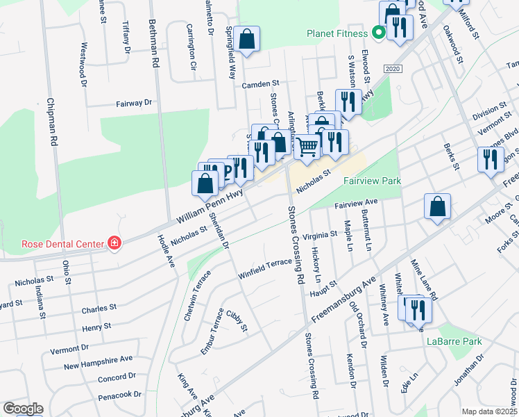 map of restaurants, bars, coffee shops, grocery stores, and more near 4040 William Penn Highway in Easton