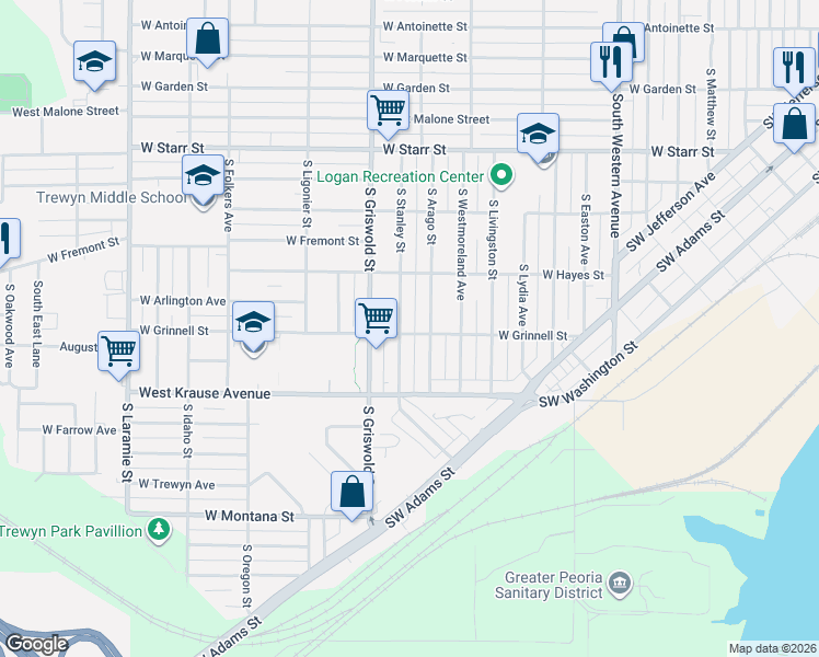 map of restaurants, bars, coffee shops, grocery stores, and more near 1701 South Arago Street in Peoria