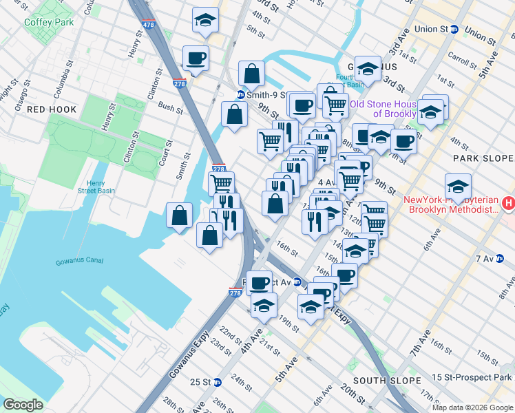 map of restaurants, bars, coffee shops, grocery stores, and more near 79 14th Street in Brooklyn