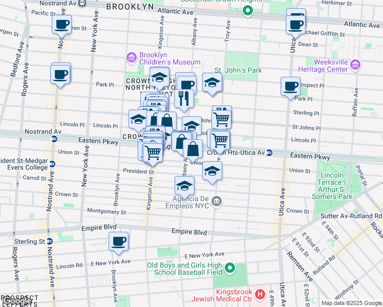 map of restaurants, bars, coffee shops, grocery stores, and more near 886 Eastern Parkway in Brooklyn