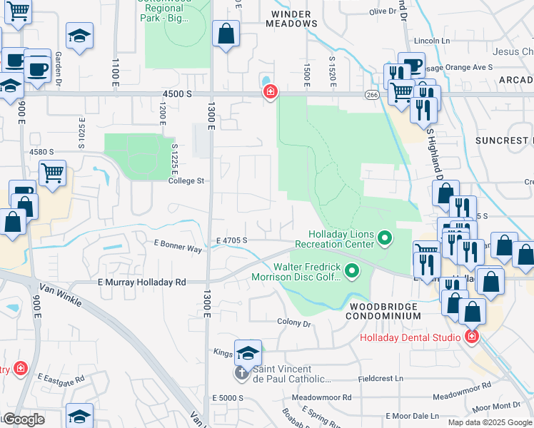 map of restaurants, bars, coffee shops, grocery stores, and more near 1416 East Farm Meadow Lane in Millcreek