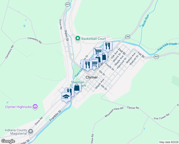 map of restaurants, bars, coffee shops, grocery stores, and more near 550 Sherman Street in Clymer