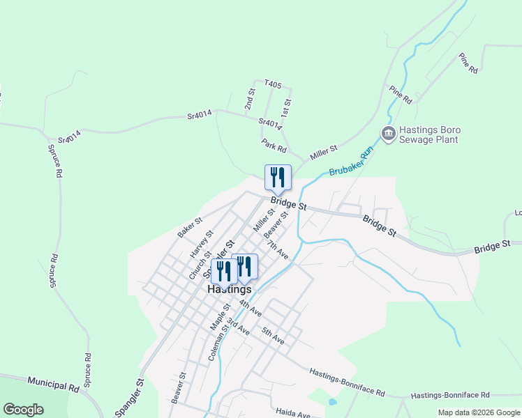 map of restaurants, bars, coffee shops, grocery stores, and more near Bridge St in Hastings
