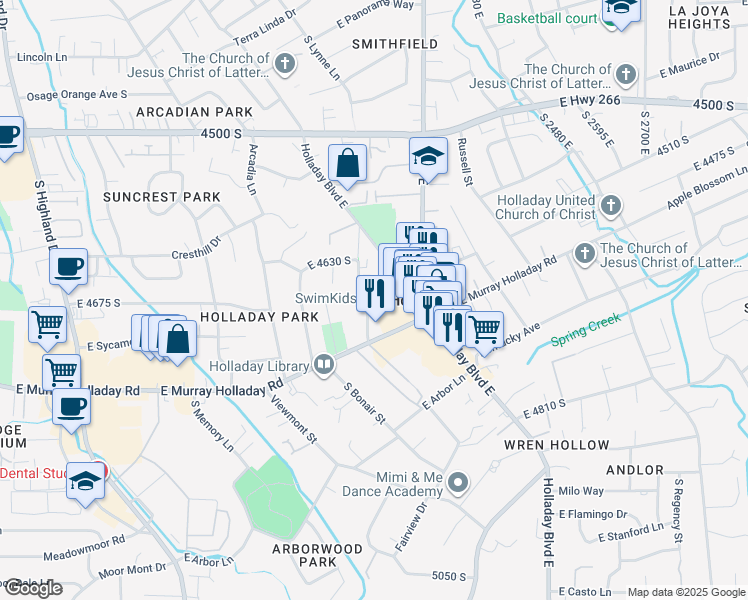 map of restaurants, bars, coffee shops, grocery stores, and more near 2240 East Laney Avenue in Holladay