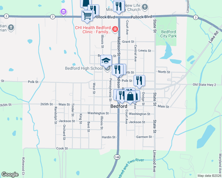 map of restaurants, bars, coffee shops, grocery stores, and more near 698 Polk Street in Bedford