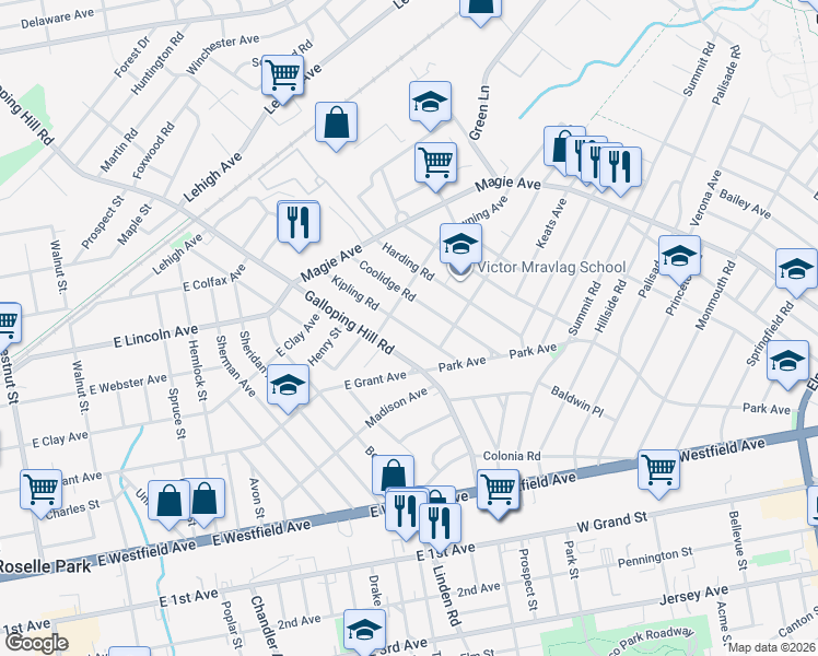 map of restaurants, bars, coffee shops, grocery stores, and more near 1052 Coolidge Road in Elizabeth