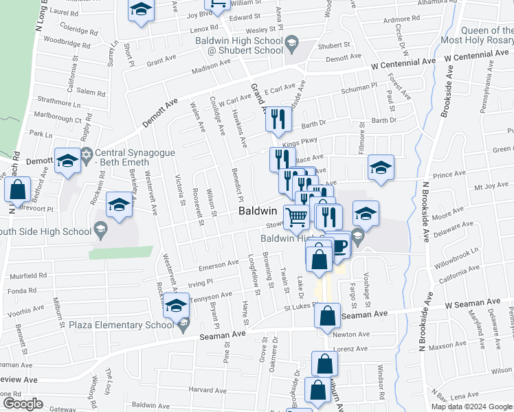 map of restaurants, bars, coffee shops, grocery stores, and more near Stanton Ave & Howard Pl in Baldwin