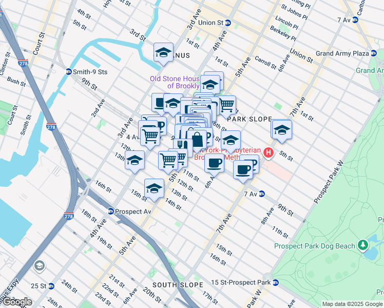 map of restaurants, bars, coffee shops, grocery stores, and more near 410 5th Avenue in Brooklyn