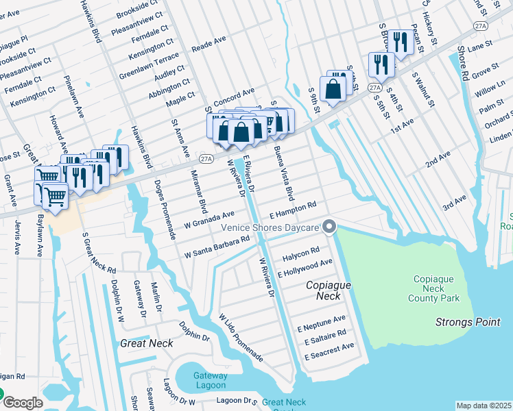 map of restaurants, bars, coffee shops, grocery stores, and more near East Riviera Drive & East Granada Avenue in Lindenhurst