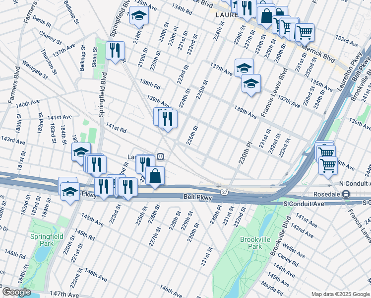 map of restaurants, bars, coffee shops, grocery stores, and more near 139-44 226th Street in Queens