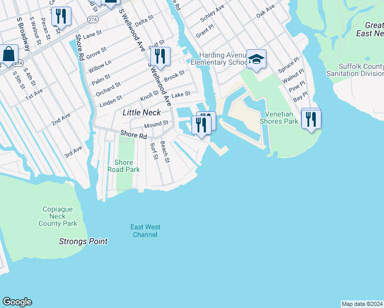 map of restaurants, bars, coffee shops, grocery stores, and more near 851 Ocean Street in Lindenhurst