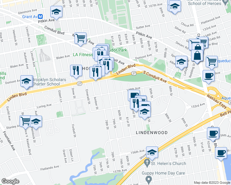 map of restaurants, bars, coffee shops, grocery stores, and more near 137-30 80th Street in Queens