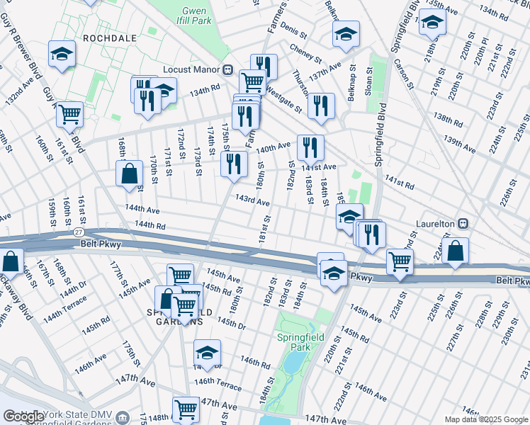 map of restaurants, bars, coffee shops, grocery stores, and more near 143-12 181st Street in Queens