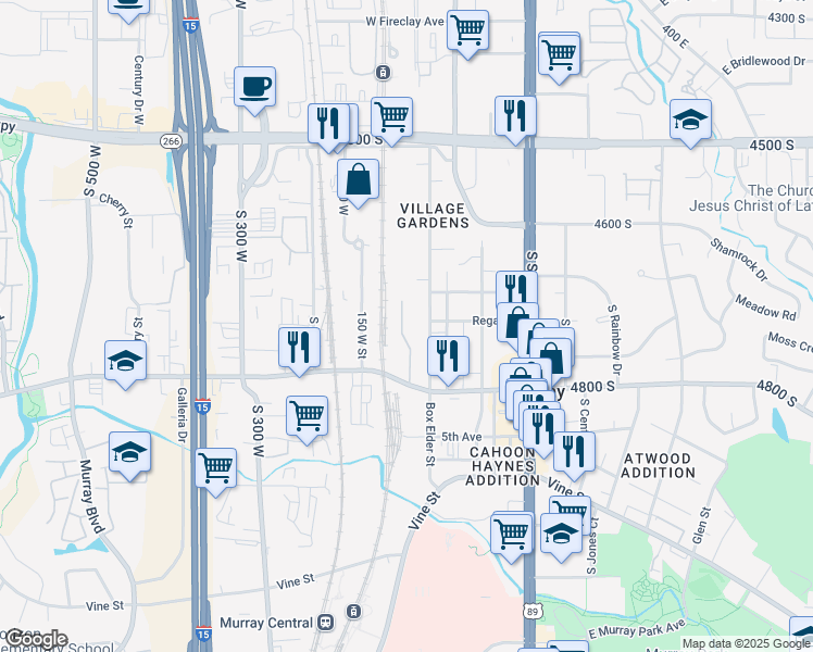 map of restaurants, bars, coffee shops, grocery stores, and more near 4731 Hillhouse Cove in Murray