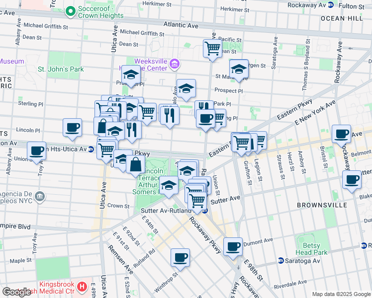 map of restaurants, bars, coffee shops, grocery stores, and more near 1571 Lincoln Place in Brooklyn