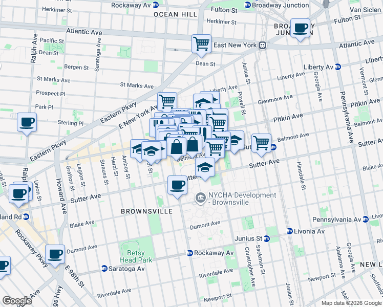 map of restaurants, bars, coffee shops, grocery stores, and more near 1722 Pitkin Avenue in Brooklyn
