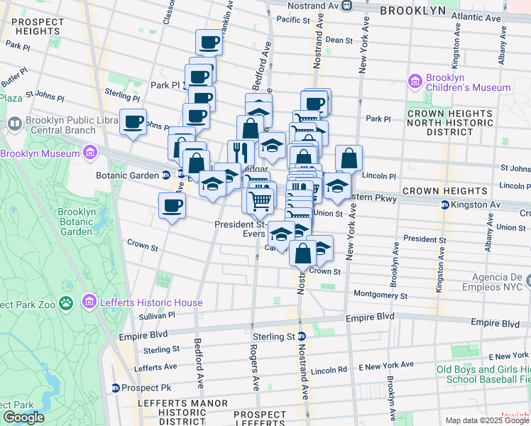 map of restaurants, bars, coffee shops, grocery stores, and more near 464 Eastern Parkway in Brooklyn