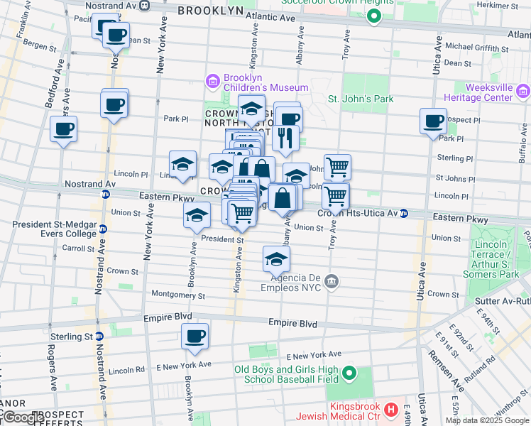 map of restaurants, bars, coffee shops, grocery stores, and more near 832 Eastern Parkway in Brooklyn