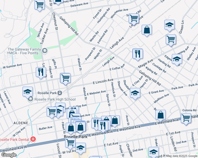 map of restaurants, bars, coffee shops, grocery stores, and more near 150 East Colfax Avenue in Roselle Park