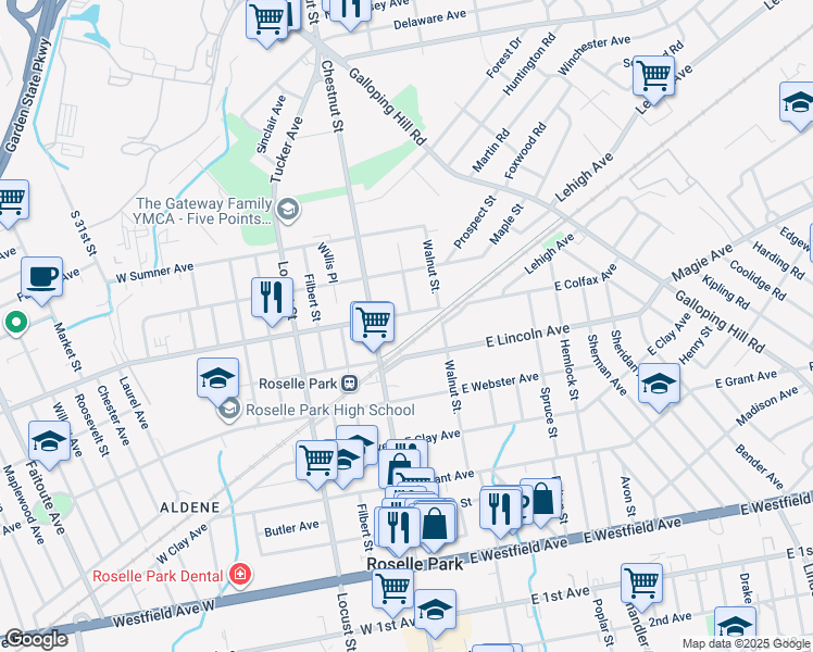 map of restaurants, bars, coffee shops, grocery stores, and more near 15 East Colfax Avenue in Roselle Park
