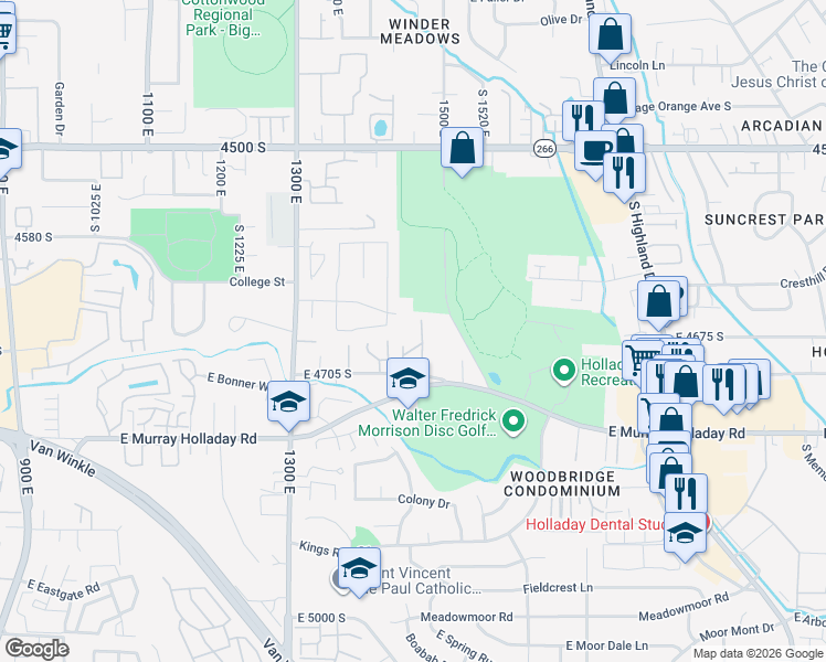 map of restaurants, bars, coffee shops, grocery stores, and more near 4656 South 1590 East in Holladay