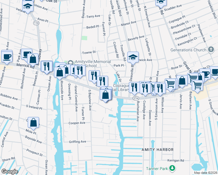 map of restaurants, bars, coffee shops, grocery stores, and more near 22 Walter Street in Amityville