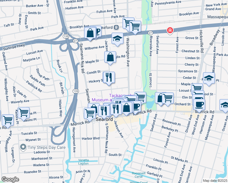 map of restaurants, bars, coffee shops, grocery stores, and more near 3931 Waverly Avenue in Seaford