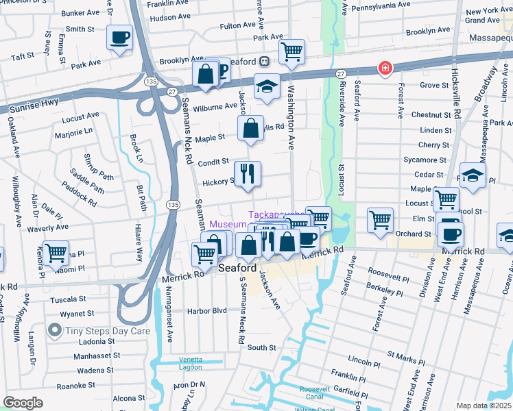 map of restaurants, bars, coffee shops, grocery stores, and more near 3931 Waverly Avenue in Seaford